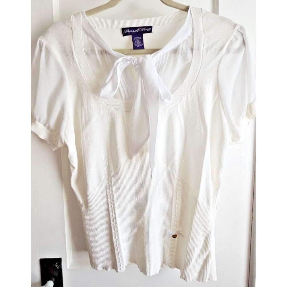Russell Kemp White short puff sleeves knit sweater tie neck blouse Sz L